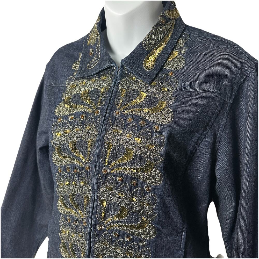 Chicos Embellished Denim Jacket Size 2 Gold Sequin Beaded Jean Western Glam Y2K